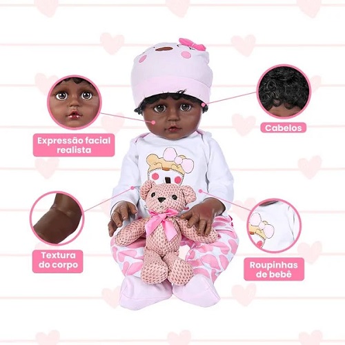 Boneca Reborn Negra Realista com Bolsa - ShopJJ - Brinquedos, Bebe